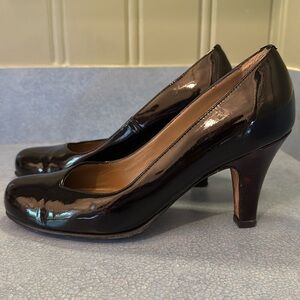 Anyi Lu black patent leather pump tortoise shell heel size 36.5 / 6.5 & 3” heel